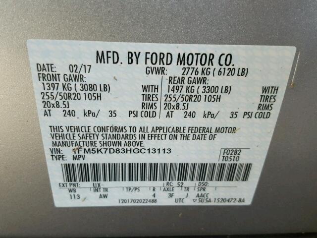 1FM5K7D83HGC13113 - 2017 FORD EXPLORER X SILVER photo 10