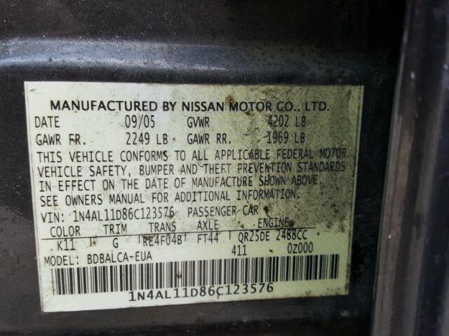 1N4AL11D86C123576 - 2006 NISSAN ALTIMA S GRAY photo 10