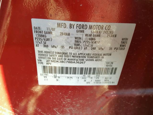 2FMDK38C78BA36267 - 2008 FORD EDGE SEL BURGUNDY photo 10