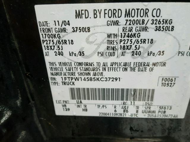 1FTPW14585KC37291 - 2005 FORD F150 SUPER BLACK photo 10