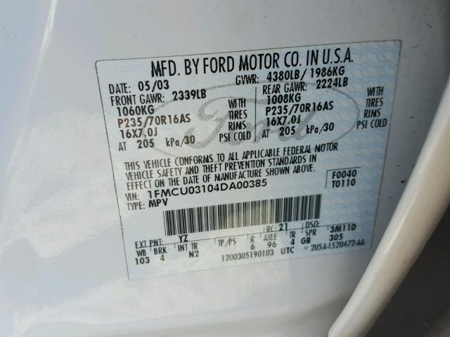 1FMCU03104DA00385 - 2004 FORD ESCAPE XLT WHITE photo 10