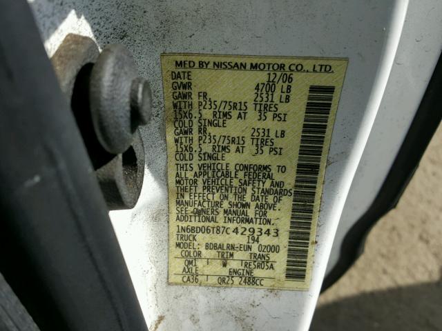 1N6BD06T87C429343 - 2007 NISSAN FRONTIER K WHITE photo 10