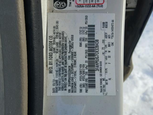 3FAHP0JG7CR328438 - 2012 FORD FUSION SEL WHITE photo 10