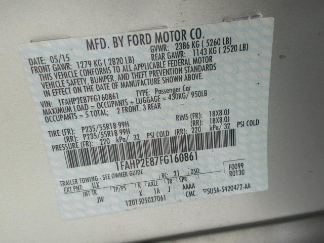 1FAHP2E87FG160861 - 2015 FORD TAURUS SEL SILVER photo 10