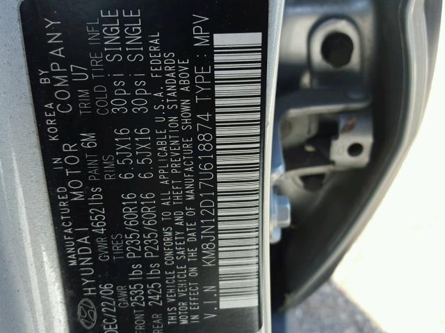 KM8JN12D17U618874 - 2007 HYUNDAI TUCSON SE SILVER photo 10