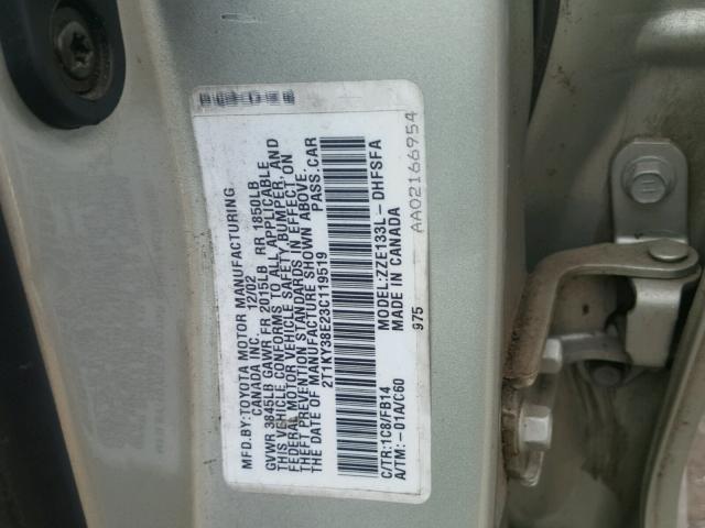 2T1KY38E23C119519 - 2003 TOYOTA COROLLA MA SILVER photo 10