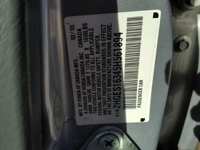 2HGES16345H561894 - 2005 HONDA CIVIC DX V SILVER photo 10