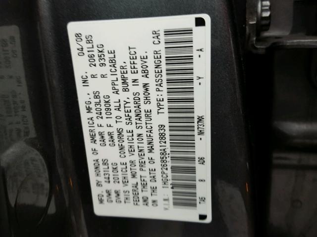 1HGCP26858A128839 - 2008 HONDA ACCORD EXL GRAY photo 10