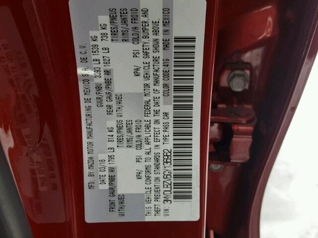 3MYDLBZV6GY136962 - 2016 TOYOTA SCION IA RED photo 10