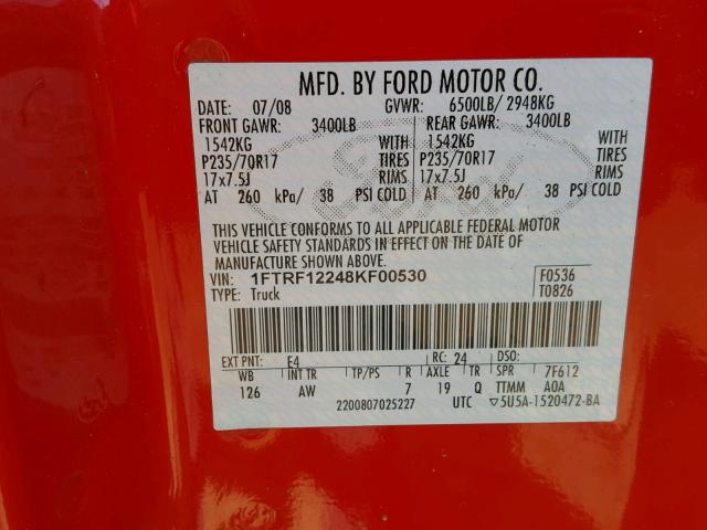 1FTRF12248KF00530 - 2008 FORD F150 RED photo 10