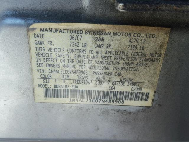 1N4AL21E07N489908 - 2007 NISSAN ALTIMA 2.5 GRAY photo 10