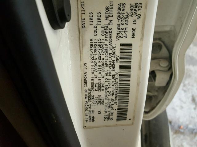 JT3HN86R620373138 - 2002 TOYOTA 4RUNNER SR WHITE photo 10