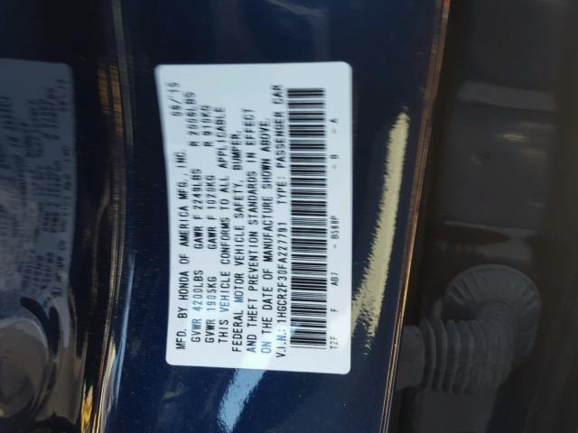 1HGCR2F30FA227791 - 2015 HONDA ACCORD LX BLUE photo 10