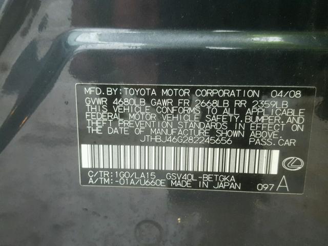 JTHBJ46G282245656 - 2008 LEXUS ES 350 GRAY photo 10