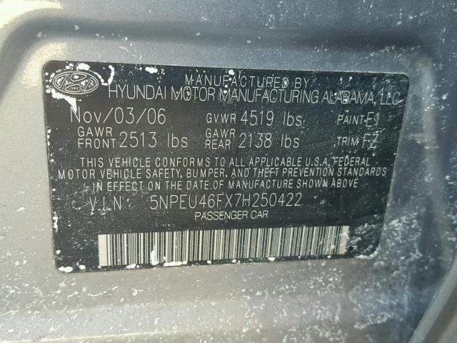 5NPEU46FX7H250422 - 2007 HYUNDAI SONATA SE GRAY photo 10