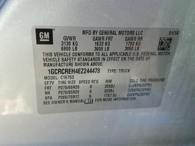 1GCRCREH4EZ244478 - 2014 CHEVROLET SILVERADO SILVER photo 10