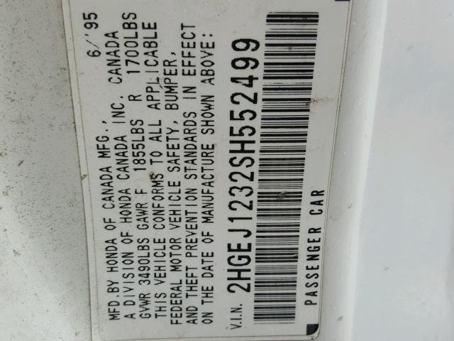 2HGEJ1232SH552499 - 1995 HONDA CIVIC EX თეთრი ფოტო 10