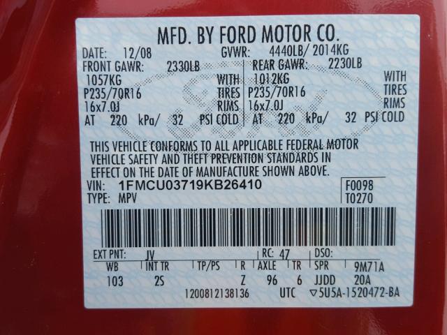 1FMCU03719KB26410 - 2009 FORD ESCAPE XLT RED photo 10