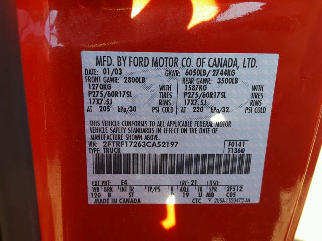 2FTRF17263CA52197 - 2003 FORD F150 RED photo 10