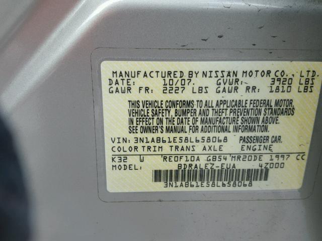 3N1AB61E58L658068 - 2008 NISSAN SENTRA 2.0 BEIGE photo 10