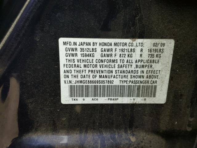 JHMGE88669S057892 - 2009 HONDA FIT SPORT BLUE photo 10