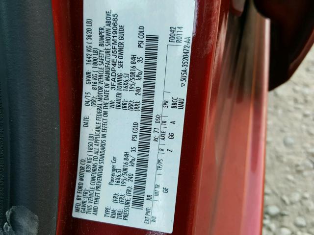 3FADP4EJ5FM190685 - 2015 FORD FIESTA SE RED photo 10