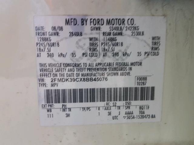 2FMDK39CX8BB45076 - 2008 FORD EDGE LIMIT CREAM photo 10