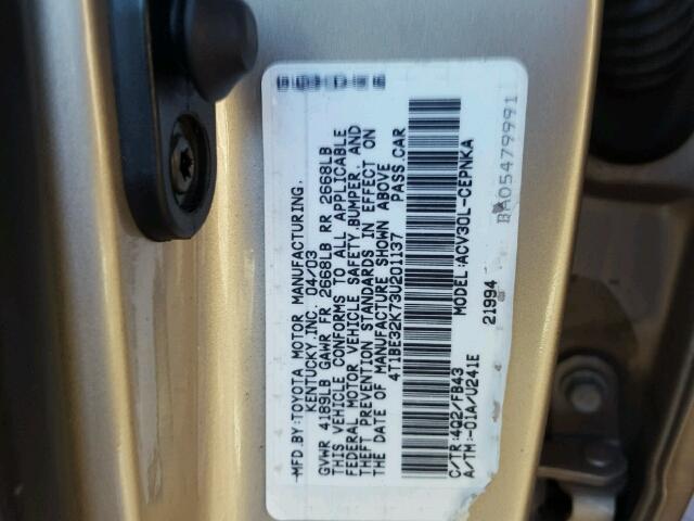 4T1BE32K73U201137 - 2003 TOYOTA CAMRY LE GOLD photo 10