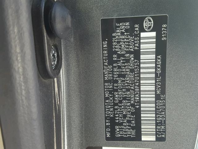 4T1FA38P47U115757 - 2007 TOYOTA CAMRY SOLA GRAY photo 10