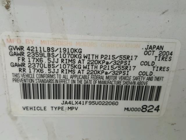 JA4LX41F95U022060 - 2005 MITSUBISHI OUTLANDER WHITE photo 10