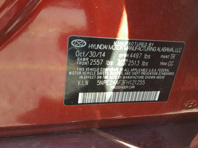 5NPE24AF3FH121255 - 2015 HYUNDAI SONATA SE RED photo 10