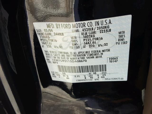 1FMYU93115DA08670 - 2005 FORD ESCAPE XLT BLACK photo 10