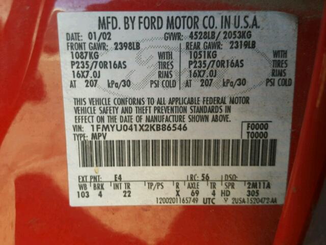 1FMYU041X2KB86546 - 2002 FORD ESCAPE XLT RED photo 10