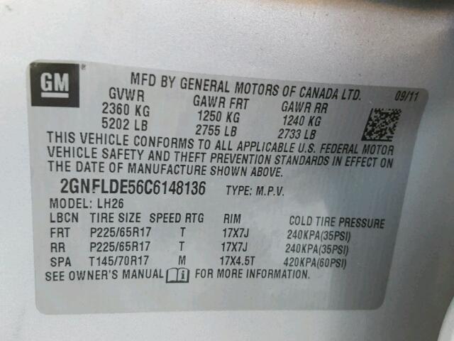 2GNFLDE56C6148136 - 2012 CHEVROLET EQUINOX LT GRAY photo 10