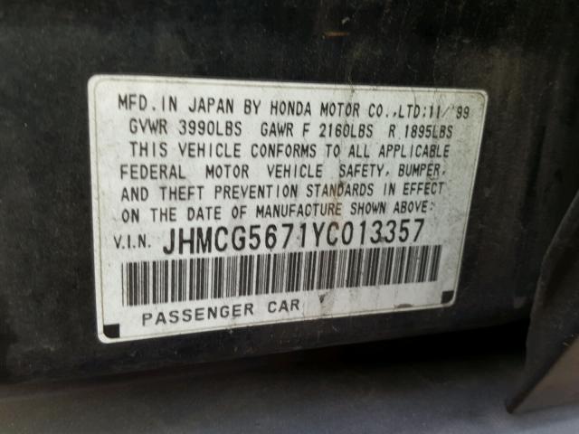 JHMCG5671YC013357 - 2000 HONDA ACCORD SE GREEN photo 10