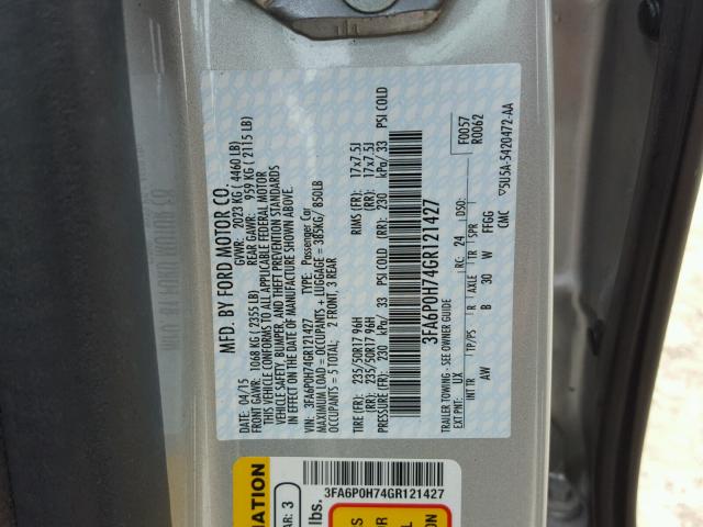 3FA6P0H74GR121427 - 2016 FORD FUSION SE SILVER photo 10