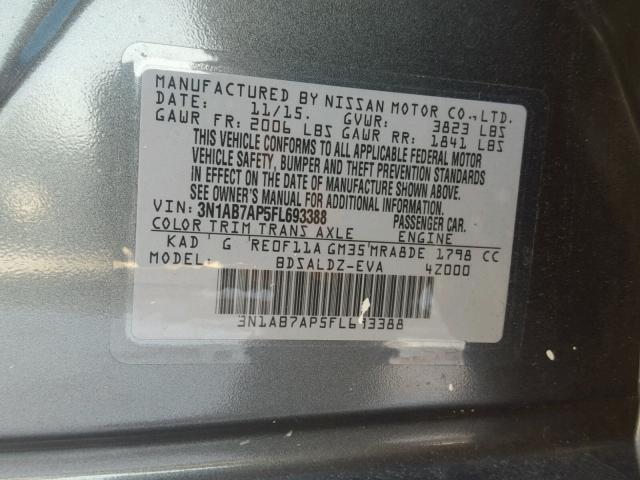 3N1AB7AP5FL693388 - 2015 NISSAN SENTRA S GRAY photo 10