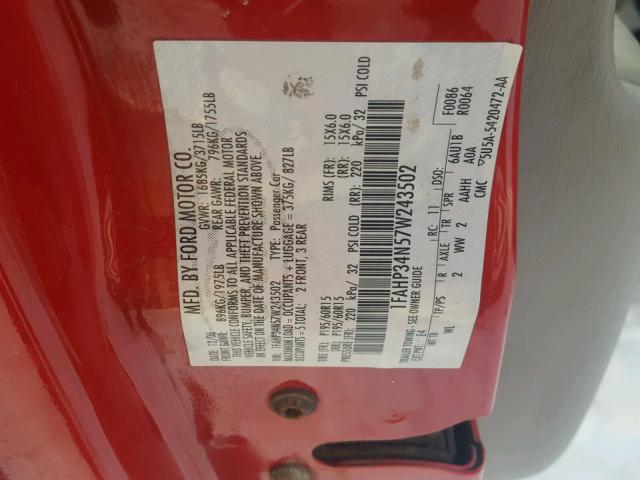 1FAHP34N57W243502 - 2007 FORD FOCUS ZX4 RED photo 10