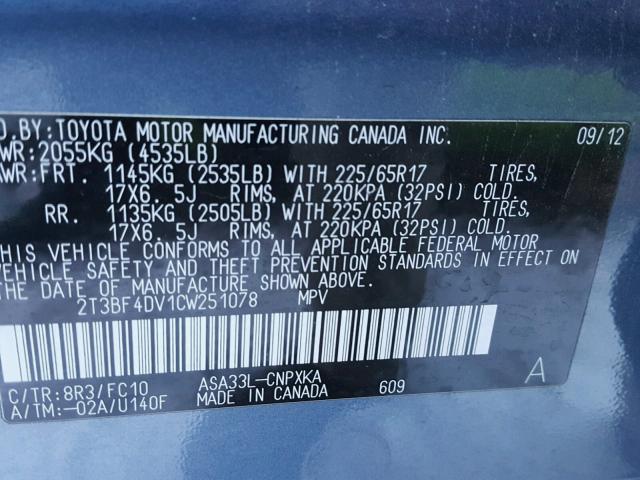 2T3BF4DV1CW251078 - 2012 TOYOTA RAV4 BLUE photo 10