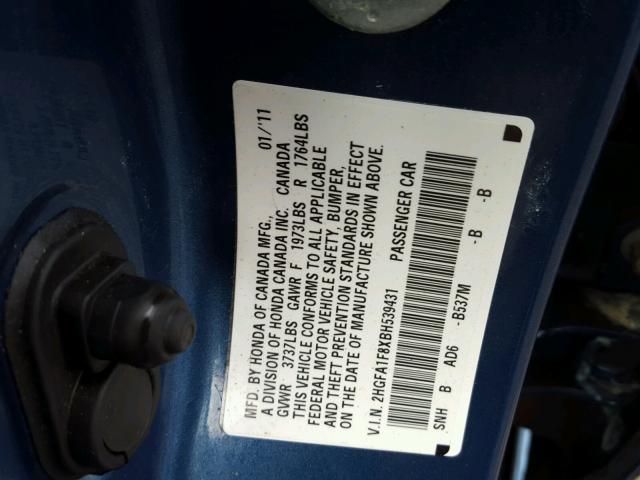 2HGFA1F8XBH539431 - 2011 HONDA CIVIC EX ლურჯი ფოტო 10