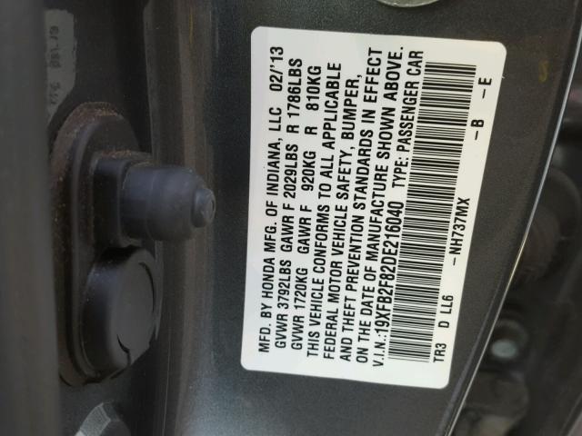 19XFB2F82DE216040 - 2013 HONDA CIVIC EX SILVER photo 10