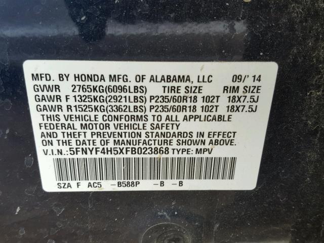 5FNYF4H5XFB023868 - 2015 HONDA PILOT EXL BLUE photo 10