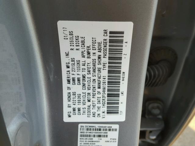 1HGCR2F54HA136141 - 2017 HONDA ACCORD SPO SILVER photo 10