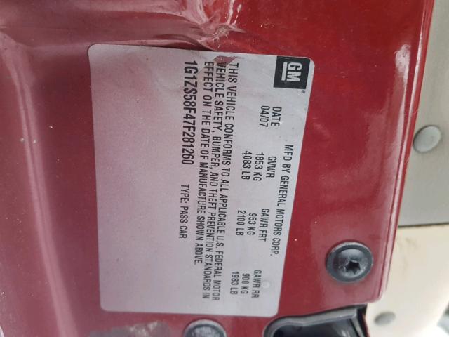 1G1ZS58F47F281260 - 2007 CHEVROLET MALIBU LS RED photo 10