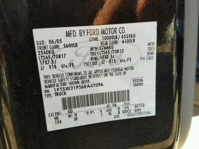 1FTSW21P56EA47096 - 2006 FORD F250 SUPER BLACK photo 10