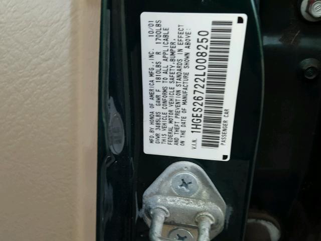 1HGES26722L008250 - 2002 HONDA CIVIC EX Boz foto 10