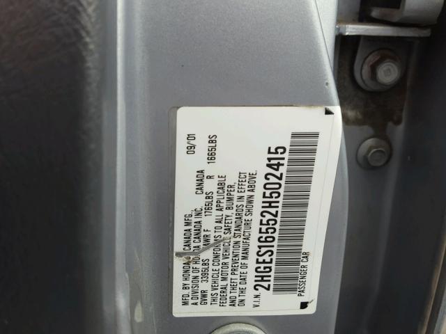 2HGES16552H502415 - 2002 HONDA CIVIC LX SILVER photo 10