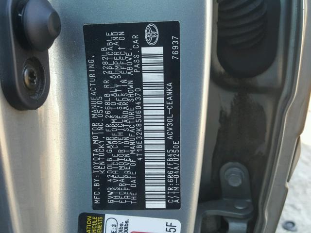 4T1BE32K85U604370 - 2005 TOYOTA CAMRY LE TAN photo 10