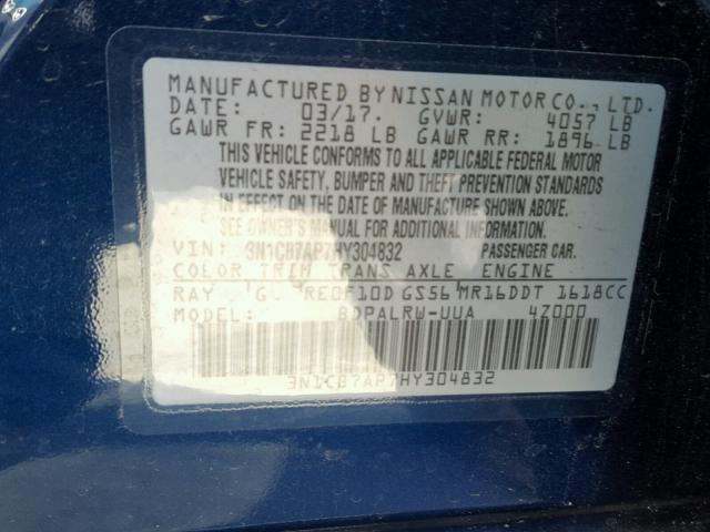 3N1CB7AP7HY304832 - 2017 NISSAN SENTRA SR BLUE photo 10