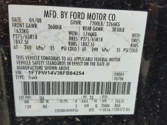 1FTPW14V38FB84254 - 2008 FORD F150 SUPER BLACK photo 10